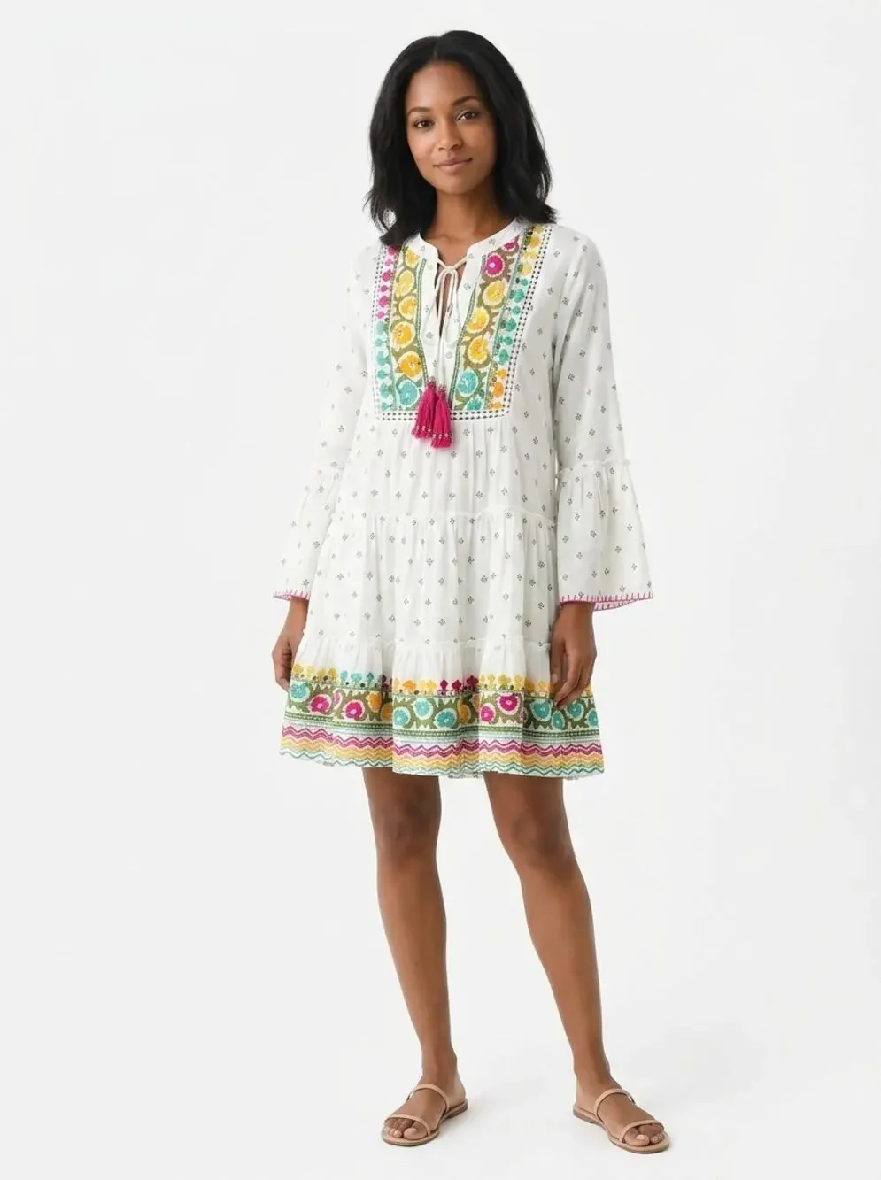Miss June Paris White Boho Bell Sleeve Tiered Dress See Measurements